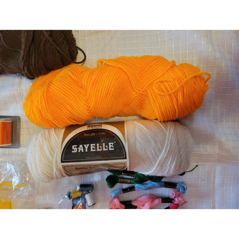 Vintage Needlework Lot Caron Rug Yarn Embroidery Hoops Sayelle Pom Pom Maker